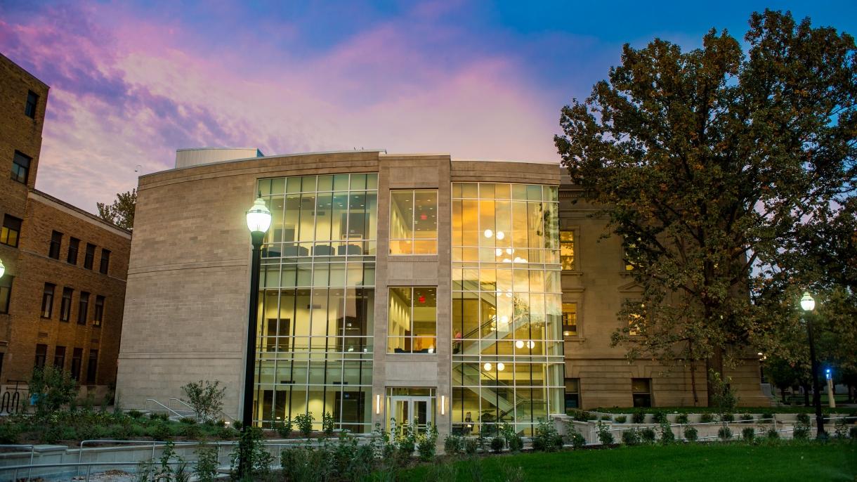 The east side of Normal hall at sunset. Normal Hall, which houses the Center for Student Success, is known for its iconic dome